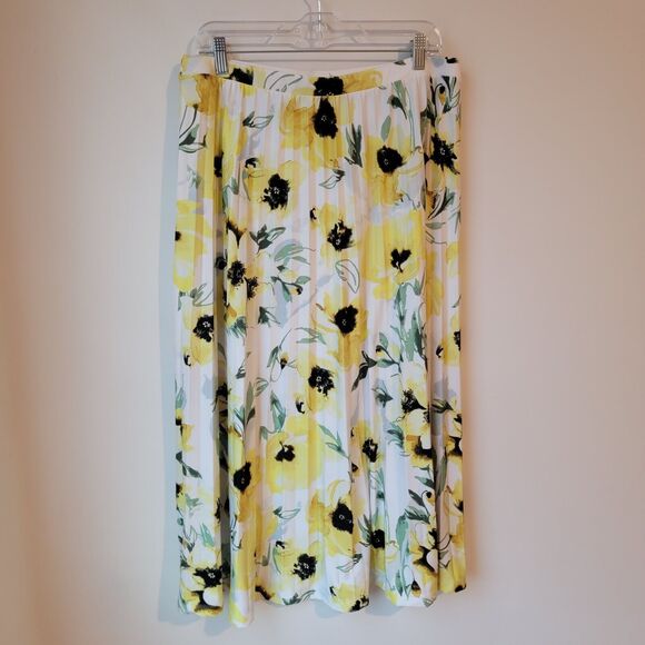 Pleated Floral Skirt Size Large White Yellow Twee Cottage Midi Hyperfeminine - Picture 2 of 7
